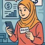 ilustrasi wanita penjual pulsa menggunakan smartphone