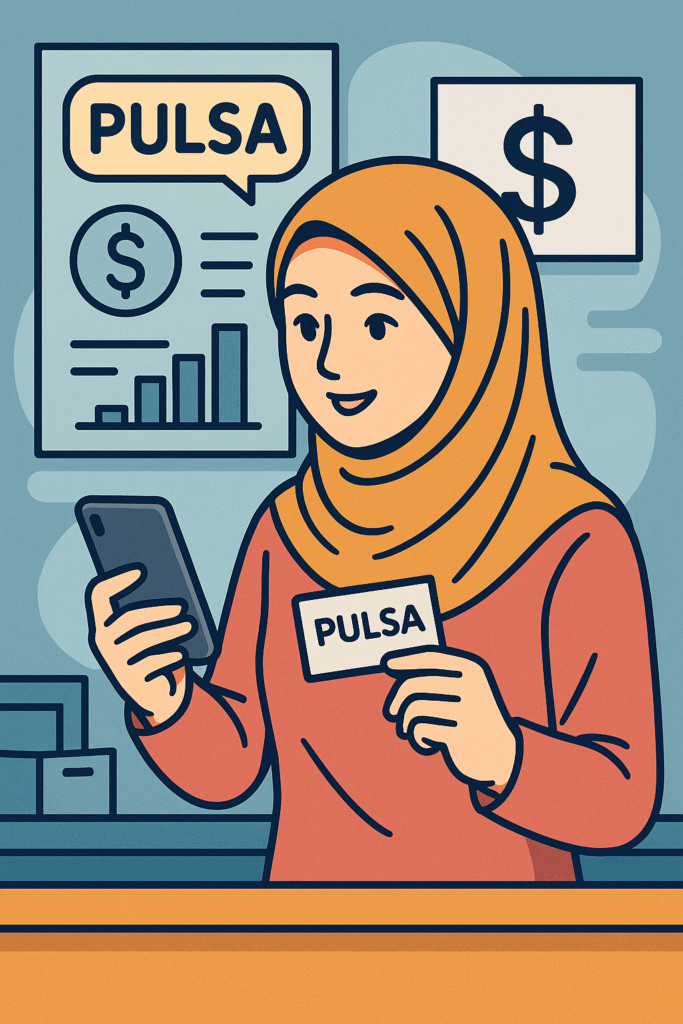 ilustrasi wanita penjual pulsa menggunakan smartphone